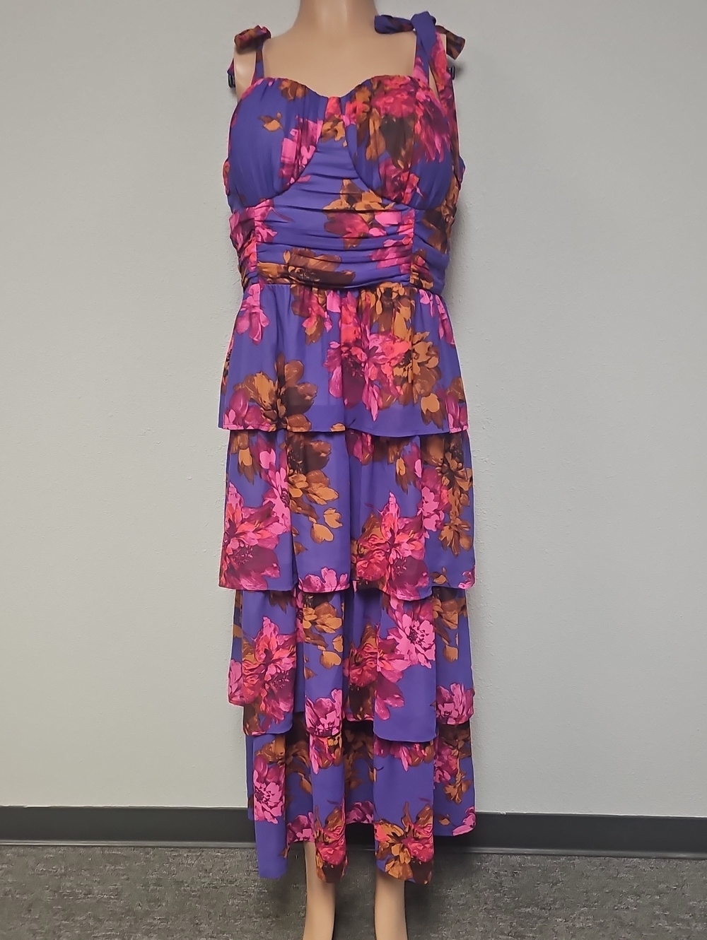 wild fable Purple Floral Tiered Maxi Dress with Pink & Brown Accents